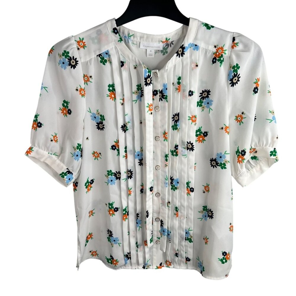 Charter Club Floral Button-Front Blouse With Pintuck Details Short Sleeve Medium